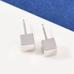 Платинированный Латунные серьги-гвоздики для женщин, кубические, Реальная платина, 6x6 мм