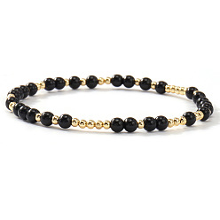 Черный Эластичные браслеты из круглых бусин из акрила и латуни для женщин, золотые, чёрные, 6.89 дюйм (17.5 см)