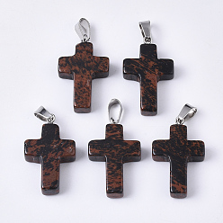 Красный Обсидиан Натурального красного дерева обсидиана подвески, с поручнями из нержавеющей стали, крестик, цвет нержавеющей стали, 28~30x18x6 мм, отверстие : 7x3.5 мм