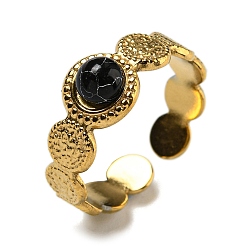 Настоящее золото 18K Ионное покрытие (ip) 304 открытые манжеты из нержавеющей стали, синтетические бирюзовые круглые кольца на палец для женщин и мужчин, реальный 18 k позолоченный, регулируемый