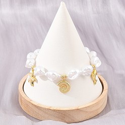 Real 18K Gold Plated Ocean Brass Starfish Dolphin Charm Bracelets for Women, White ABS Imitation Keishi Pearl Beaded Bracelets, Rack Plating, Long-Lasting Plated, Cadmium Free & Lead Free, Real 18K Gold Plated, 7.76 inch(19.7cm)