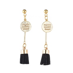 Black Dangle Stud Earrings, with Suede Cord Tassel Pendants, 304 Stainless Steel Stud Earring Findings and Brass Findings, Black, 52mm, Pin: 0.8mm