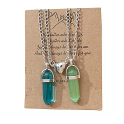 Светло-зеленый 2шт. стеклянные двухгранные заостренные пули-подвески для пар с магнитными застежками в форме сердца, ожерелья из сплава цепей для женщин, платина, светло-зеленый, 17.72 дюйм (45 см)