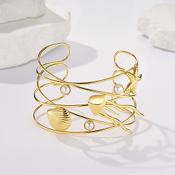 Настоящее золото 18K Браслеты-манжеты из нержавеющей стали для женщин, морская звезда и форма ракушки и медуза, с имитацией жемчуга, реальный 18 k позолоченный, внутренний диаметр: 2-1/2 дюйм (6.3 см)