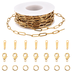 Golden DIY Chain Necklaces/Bracelet Kits, incluing 304 Stainless Steel Paperclip Chains & Chain Tabs & Open Jump Rings, Brass Lobster Claw Clasps, Golden, Link: 11~12x4x0.5~0.87mm, about 16.4 Feet(5m)/roll, 1 roll