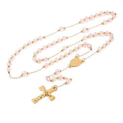 Лавандовый румянец Ионное покрытие(ip) распятие крест 304 четки из нержавеющей стали, с акриловыми шариками, лавандовый румянец, 25.98 дюйм (66 см)