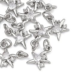 Real Platinum Plated SHEGRACE Brass Micro Pave Clear Cubic Zirconia Charms, Cadmium Free & Nickel Free & Lead Free, Star Charms, Real Platinum Plated, 10x8.5x3mm, Hole: 2mm