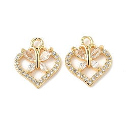 Настоящее золото 18K Латунные микро проложить кубического циркония подвески, сердце с подвесками в виде бабочек, реальный 18 k позолоченный, 13x12x2 мм, отверстие : 1.6 мм