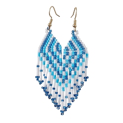 Deep Sky Blue Boho 304 Stainless Steel with Glass Dangle Stud Earring, Heart, Deep Sky Blue, 84x26mm