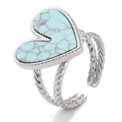 Синтетическая Бирюза 304 кольцо из нержавеющей стали, регулируемые синтетические бирюзовые кольца, сердце, 18x17.5 мм, внутренний диаметр: регулируемый