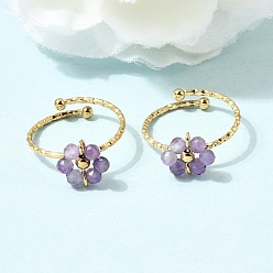 Аметист Регулируемые кольца-манжеты из нержавеющей стали с натуральным аметистом., цветок, ионное покрытие (ip), реальный 304 k позолоченный, 18 мм