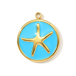 Темно-Голубой 304 нержавеющей стальной эмали подвески, плоский круглый с подвесками в виде морских звезд, реальный 18 k позолоченный, ионное покрытие (ip), глубокое синее небо, 17x15 мм