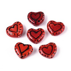 Красный Фарфоровые бусины ручной работы, сердце, пастельный фарфор, красные, 12~13x14~15x6~7 мм, отверстие : 2.5~3 мм