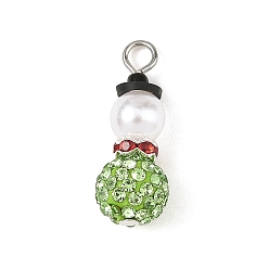 Peridot Christmas Handmade Polymer Clay with Rhinestone Pendants, Snowman Charms, with ABS Plastic Imitation Pearl Round Beads, Brass Rhinestone Spacer Beads, Glass Seed Beads, Platinum, Peridot, 27x10mm, Hole: 3.5mm