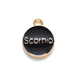 Scorpio Alloy Enamel Pendants, Flat Round with Constellation, Light Gold, Black, Scorpio, 15x12x2mm, Hole: 1.5mm, 100pcs/Box