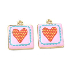 Pink Printed Brass Pendants, Square & Heart Charms, Rack Plating, Long-Lasting Plated, Lead Free & Cadmium Free, Real 18K Gold Plated, Pink, 22x18.5x3.5mm, Hole: 2mm