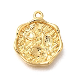 Настоящее золото 18K Латунные подвески, плоский круглый с цветными чарами, реальный 18 k позолоченный, 17x14.5x2 мм, отверстие : 1.4 мм