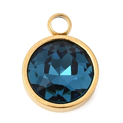 Темно-Синий Тема камней-талисманов сентября 304 подвески из нержавеющей стали, плоский круглый шарм, с k 9 стеклом, полировка, ионное покрытие (ip), граненые, темно-синий, 16x12x7 мм, отверстие : 2.7 мм