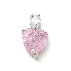 Pink Glass Pendants, with Real Platinum Plated Brass Findings, Heart, Pink, 20x12.5x7.5mm, Hole: 5.5x2.5mm