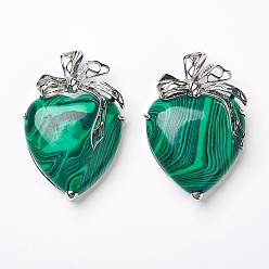 Малахит Малахит подвески, с латунной фурнитурой платинового цвета, сердце, 46x32x10 мм, отверстие : 3.5x6 мм