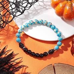 Темно-Голубой Браслет из синтетической императорской яшмы, бирюзы и расписного стекла с эластичными бусинами для женщин и мужчин, круглый и череп, глубокое синее небо, внутренний диаметр: 2-3/8 дюйм (6 см)