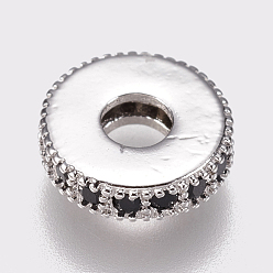 Platinum Brass Micro Pave Cubic Zirconia Bead Spacers, Flat Round, Black, Platinum, 8x2mm, Hole: 3mm