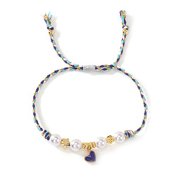 Темно-синий  Шифер Регулируемые браслеты из сплава с эмалированными подвесками, Браслеты из искусственного жемчуга и латунных бусин, плетеные для женщин., сердце, темный сланец синий, 11.02 дюйм (28 см)