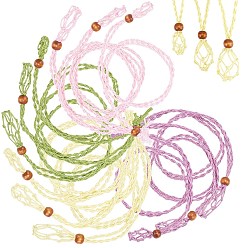 Mixed Color Adjustable Braided Waxed Cord Macrame Pouch Necklace Making, Interchangeable Stone, with Wood Beads, Mixed Color, 12pcs/bag