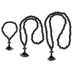 Черный 3шт. крест круглый деревянный бисер молитвенные четки подвеска украшение, С полиэфирной кисточкой, чёрные, 160~440 мм