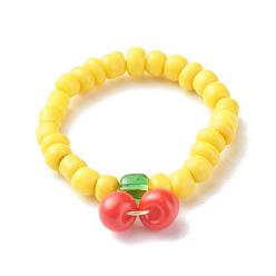 Yellow Glass Seed Beaded Finger Rings, with Eco-Friendly Copper Wire, Cherry, Yellow, US Size 6 1/2(16.9mm)