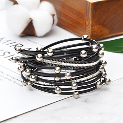 Черный Многослойные браслеты из искусственной кожи, браслеты с подвесками из сплава бусин для женщин, чёрные, 15-3/8 дюйм (39 см)