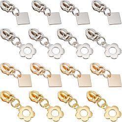 Mixed Color 32Pcs 4 Style Zinc Alloy Zipper Puller, Garment Accessories, Flower & Rhombus, Mixed Color, 4cm and 3.7cm, 8pcs/style