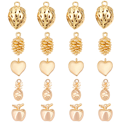 Real 18K Gold Plated 20Pcs 5 Style Brass Charms, Nickel Free, with Loops, Apple & Strawberry & Heart & Conifer Cone & Pineapple, Real 18K Gold Plated, 10x8x7.5mm, Hole: 0.8mm