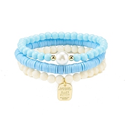 Светло-Голубой 3 браслеты ручной работы из полимерной глины Heishi Surfer Stretch со стеклянным жемчугом, опрятные браслеты с подвесками из сплава для женщин, Небесно-голубой, внутренний диаметр: 2-1/8 дюйм (5.5 см)