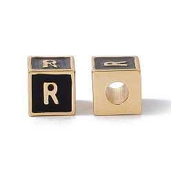 Letter R Стойки покрытие латунь эмаль бисер, без кадмия, без никеля и без свинца, реальный 18 k позолоченный, куб с письмом, чёрные, буква r, 6x6x6 мм, отверстие : 2.5 мм