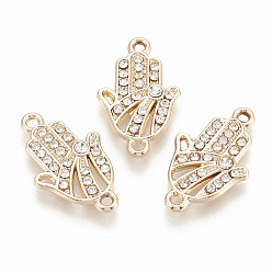 Light Gold Connecteurs de liens de strass d'alliage, hamsa main / main de fatima / main de miriam, or et de lumière, 22.5x13.5x2mm, Trou: 1.5mm