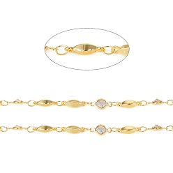 Real 18K Gold Plated Brass Handmade Beaded Chains, with Cubic Zirconia Links, Soldered, with Spool, Long-Lasting Plated, Flat Round & Twist, Clear,Real 18K Gold Plated, Flat Round: 3.7x8x2mm, Twist: 2.8x11mm, about 32.8 Feet(10m)/roll