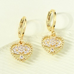Настоящее золото 18K Серьги-кольца из латуни с микропаве и прозрачным кубическим цирконием в форме сердца, без кадмия и без свинца, долговечный, стойки покрытие, реальный 18 k позолоченный, 25.5x11.5 мм