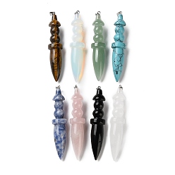 Смешанные камни Большие подвески из натурального и синтетического смешанного камня, подвески в форме меча с застежками-кнопками из нержавеющей стали, цвет нержавеющей стали, смешанные окрашенные и неокрашенные, 69~71x14~14.5 мм, отверстие : 5x3.5 мм