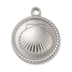 Нержавеющая Сталь Цвет Антикоррозийные 304 подвески из нержавеющей стали, плоская круглая с подвеской из ракушек, цвет нержавеющей стали, 17.5x14.5x2 мм, отверстие : 1.8 мм