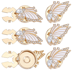 White Alloy Rhinestone Cufflinks, with Enamel, Butterfly, Light Gold, White, 25x19x9mm