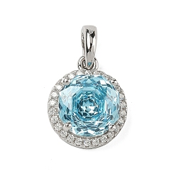 Синий 925 подвески из стерлингового серебра с паве из кубического циркония, плоские круглые прелести, платина, родий, синие, 16x13x7 мм, отверстие : 5x4 мм