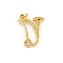 Letter V 304 подвески из нержавеющей стали, с кубического циркония, подвески-буквы с соединительными кольцами, реальный 18 k позолоченный, Буква V, 19x16x2 мм, отверстие : 3 мм