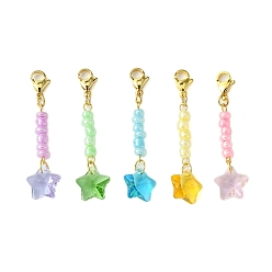 Golden Star Glass & Seed Beads Pendant Decoration, Lobster Claw Clasps Charm for Bag Ornaments, Golden, 53mm