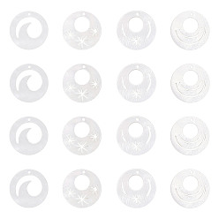 Linen Natural Freshwater Shell Pendants, Flat Round with Wave, Linen, 18x2mm, Hole: 1mm, 16pcs/box