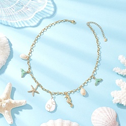 Зеленый Подвеска в виде капли, состоящая из эмалевого сплава, морской звезды и натуральной ракушки, китового хвоста 304 Женские ожерелья из нержавеющей стали с цепочкой, золотые, зелёные, 16.46 дюйм (41.8 см)