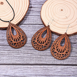 Teardrop Комплекты из ожерелий с подвесками из дерева и вощеного шнура и серег-колец, слеза, ожерелье: 19.69 дюйм(50см) и 91x48мм