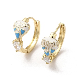 White Real 18K Gold Plated Brass Heart Hoop Earrings, with Enamel and Glass, White, 19x9mm