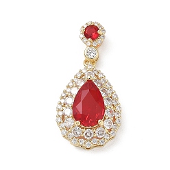 Chapado en Oro Real 18K Colgantes de circonita cúbica roja micro pavé de latón, larga duración plateado, encantos de lágrima, real 18 k chapado en oro, 24x16x8 mm, agujero: 8x2.5 mm