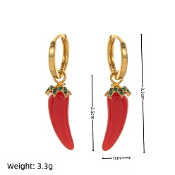 Hot Pepper Серьги-кольца из растительной латуни с микропаве из кубических цирконий и эмалью, золотые, острый перец, 35x10 мм